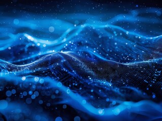 Abstract blue digital wave background with glowing particles.