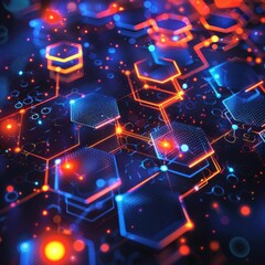 Abstract digital network background with glowing hexagonal structures.