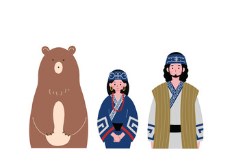 アイヌ民族の衣装を着た男女とヒグマのイラスト