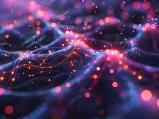 Abstract digital background with glowing particles and lines.