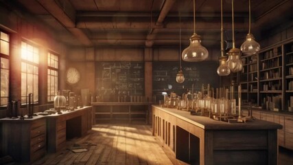 An old laboratory room, there are bookshelves and several experimental glass bottles. Seamless 4K looping timelapse video animation generated AI - Powered by Adobe