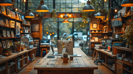 Cozy Coffee Shop Interior with Wooden Decor and Warm Lighting