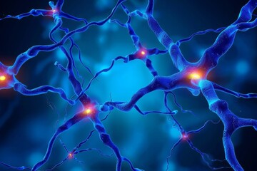 Neural network activity showcased through vivid blue and red electric sparks on dark backdrop