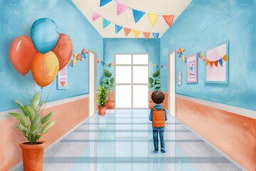 A vibrant hallway decorated with balloons and bunting, featuring a child gazing towards an inviting entrance.