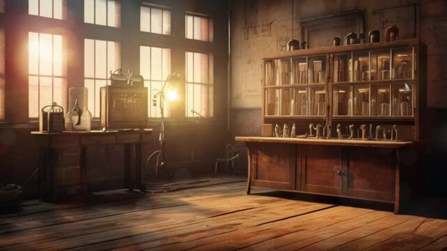 An old laboratory room, there are bookshelves and several experimental glass bottles. Seamless 4K looping timelapse video animation generated AI