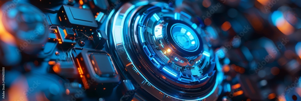 Poster futuristic technology circuit with glowing blue core symbolizes advanced electronics and automation