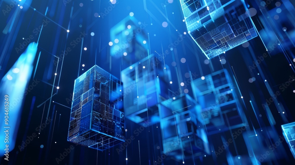 Poster digital concept featuring blue cubes and particles in an abstract representation