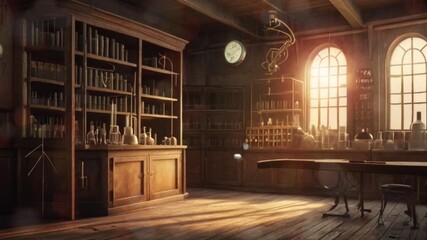 An old laboratory room, there are bookshelves and several experimental glass bottles. Seamless 4K looping timelapse video animation generated AI