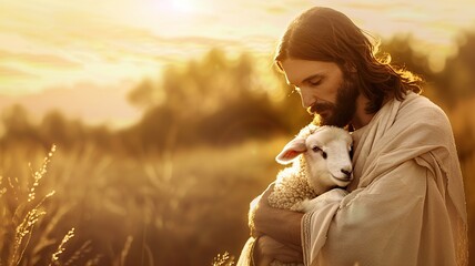 Jesus Christ holding a lamb in His arms, symbolizing care and compassion. Perfect for themes of faith, love, and divine guidance