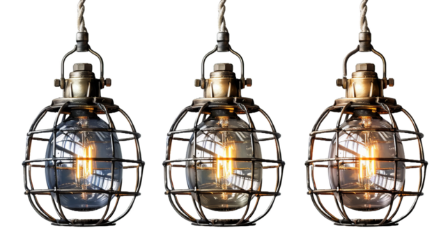 Three different colored light fixtures with a wire hanging from them