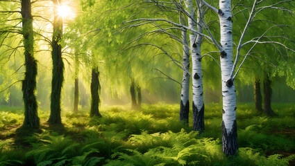 Obraz premium Sunlight Filtering Through Green Foliage of Birch Trees in a Lush Forest