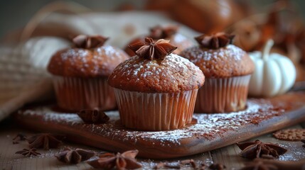 Delicious pumpkin spice muffins decorated with star anise, topped with powdered sugar, perfect for autumn treats and festive gatherings.