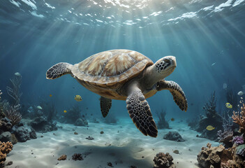 Fototapeta premium Concept art with copy space, underwater ocean with turtle