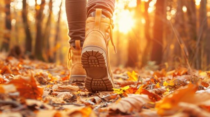 Person walking through vibrant autumn forest with leaves on the ground, warm sunlight filtering through the trees.