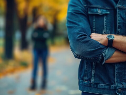 Cena p&oacute;s-briga de casal: homem de bra&ccedil;os cruzados em primeiro plano, mulher ao fundo com express&atilde;o angustiada. Reflete distanciamento emocional e tens&atilde;o ap&oacute;s discuss&atilde;o
