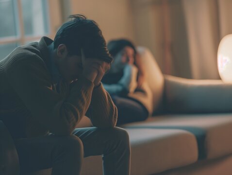 Ap&oacute;s uma briga, casal sentado no sof&aacute; em sil&ecirc;ncio, com homem lamentando