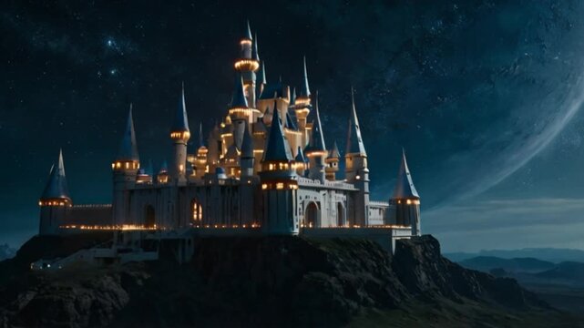 A grand space castle floating among the stars, with glowing turrets and a protective energy shield