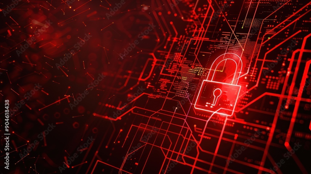 Poster digital security abstract - red circuit board lock