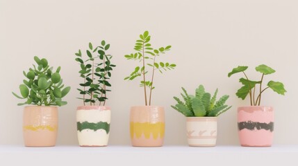 Obraz premium Vibrant Houseplant Display in Elegant Ceramic Pots, Exotic greenery showcased on a pristine white shelf, enhancing minimalist decor with a touch of nature's beauty.