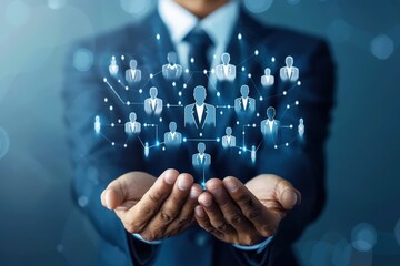 The Architect of Connections: A businessman orchestrates a network of professionals, symbolizing the power of leadership and strategic partnerships in the digital age. 