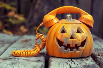 Vintage Orange Telephone Styled as a Halloween Pumpkin Sitting on a Wooden Table