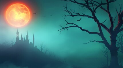 Spooky Hilltop Mansion in Halloween Style, eerie skyline with a haunted house silhouette, vibrant autumn colors, atmospheric ambiance, perfect for Halloween-themed designs