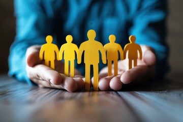 The Power of Protection: Yellow paper cutouts of people cradled in the secure hands of a leader, symbolizing teamwork, safety, and care. 