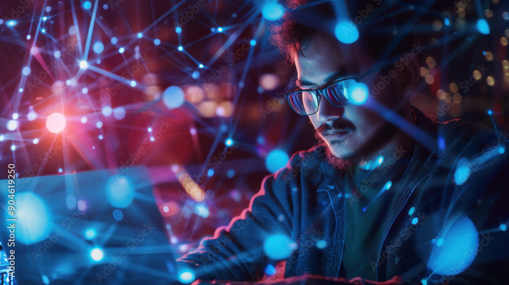 Poster it professional using a laptop for customer support, with a background of global network connections