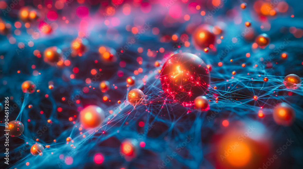 Poster neural network and molecular structures visualized digitally, representing cutting-edge scientific r