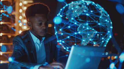 IT professional using a laptop for customer support, with a background of global network connections and digital interfaces