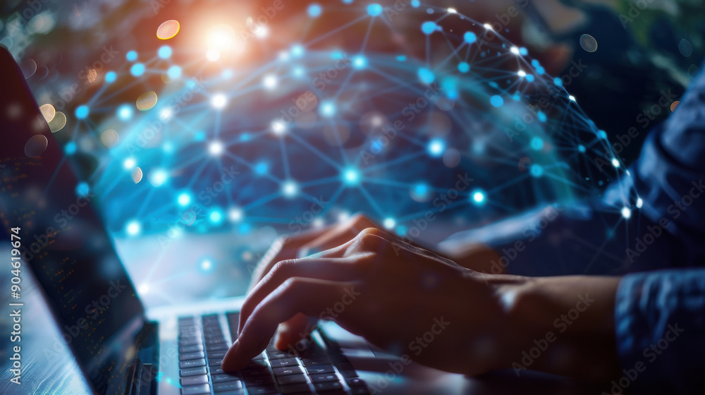 Poster it professional using a laptop for customer support, with a background of global network connections