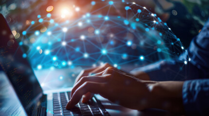 IT professional using a laptop for customer support, with a background of global network connections and digital interfaces