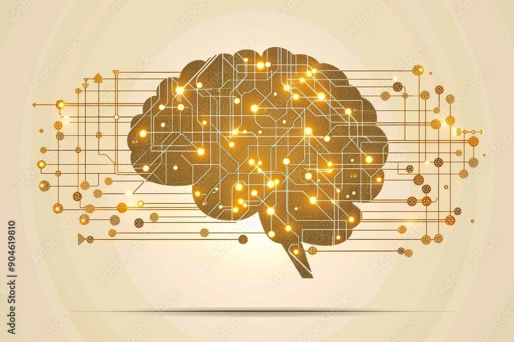 Poster golden brain in architectural blueprint setting highlights structural thinking and intellectual desi