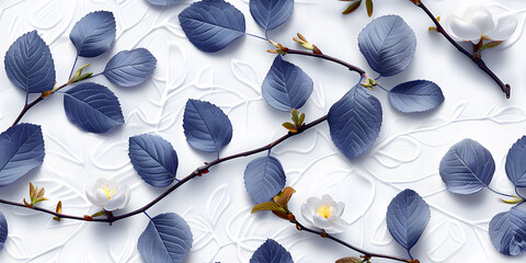 Seamless 3D White Spring Cherry Blossom Autumn Blue Leaves and Flowers With Branches on a Light Background. Abstract Floral 3D Landscape Wall Sticker. HD Seamless Wallpaper
