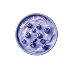 Blueberry yogurt in a bowl viewed from above on a transparent background.