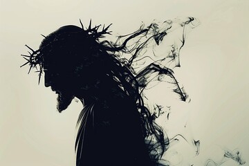 Fototapeta premium A graceful silhouette of Jesus with a crown of thorns against a simple, light-colored backdrop. Includes a large blank space on the left for inspirational text or scripture quotes