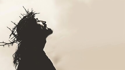 A graceful silhouette of Jesus with a crown of thorns against a simple, light-colored backdrop. Includes a large blank space on the left for inspirational text or scripture quotes