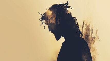 Naklejka premium A graceful silhouette of Jesus with a crown of thorns against a simple, light-colored backdrop. Includes a large blank space on the left for inspirational text or scripture quotes