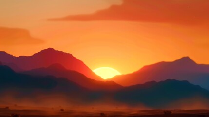 Fototapeta premium Desert Sunset and Mountain Sunrise, a panoramic view of vibrant colors blending in the sky, dust swirling in the air, minimalist landscape creating a serene atmosphere