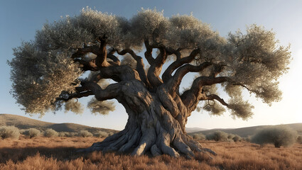 Majestic Ancient Olive Tree Standing Proudly in Sunlit Landscape During Late Afternoon