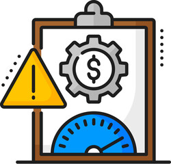 Color risk assessment line icon of business audit. Vector outline report document of internal audit checklist clipboard isolated symbol with triangle attention sign and risk assessment meter scale