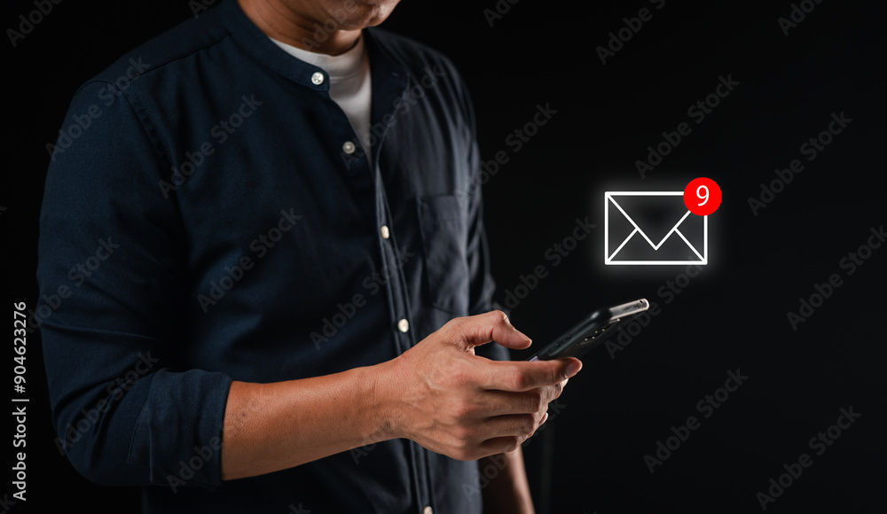 Poster man hand use smartphone in public area with new email alert sign icon pop up. communication business