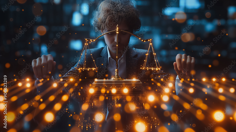 Aufkleber a man is standing in front of a scale with a gold bar on it. the scale is lit up with bright lights,