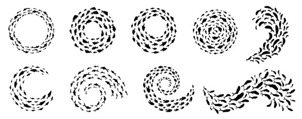 Swirling fish shoals creating dynamic spirals in the ocean. These mesmerizing underwater and marine life schools form elegant frame and border for aquatic graphic or logo design.