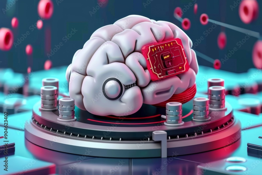 Aufkleber neon brain with tech enhancements emphasizes the synergy between human cognition and artificial inte