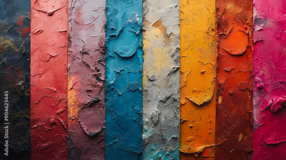Poster a row of colorful paint splatters on a wall. the colors are bright and bold, creating a sense of ene