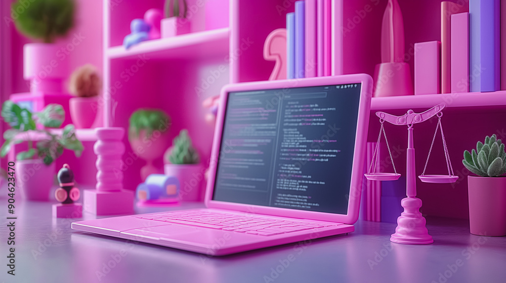 Poster a pink laptop is on a desk with a pink bookshelf behind it. the bookshelf is filled with books and a