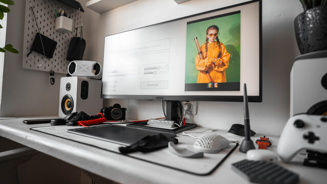 The artificial intelligence program generates an image according to a given prompt on a large monitor of a home computer. The chair is empty. Concept: AI replaces human creative work.
