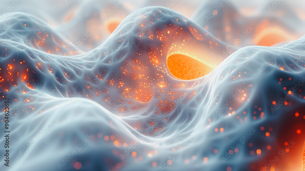 Poster a computer generated image of a wave with orange and white colors. the image has a futuristic and ab