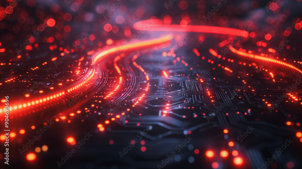 Poster a computer chip with red lines and dots. the image is abstract and has a futuristic feel to it